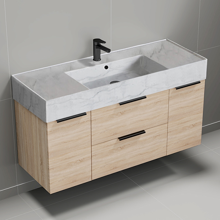 Nameeks DERIN771 48 Inch Bathroom Vanity With Marble Design Sink, Floating, Brown Oak